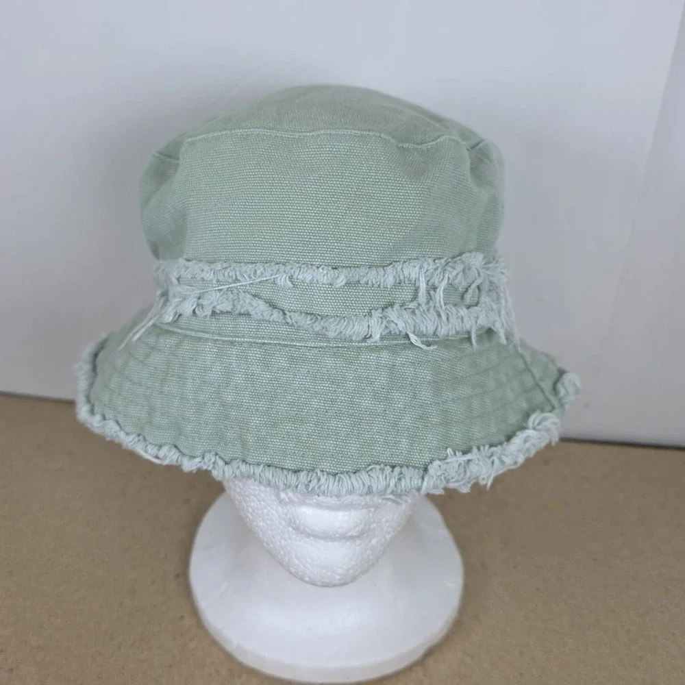 Steve Madden Sage Green Bucket Hat Fringe Distressed Beach Vacation Hat One Size